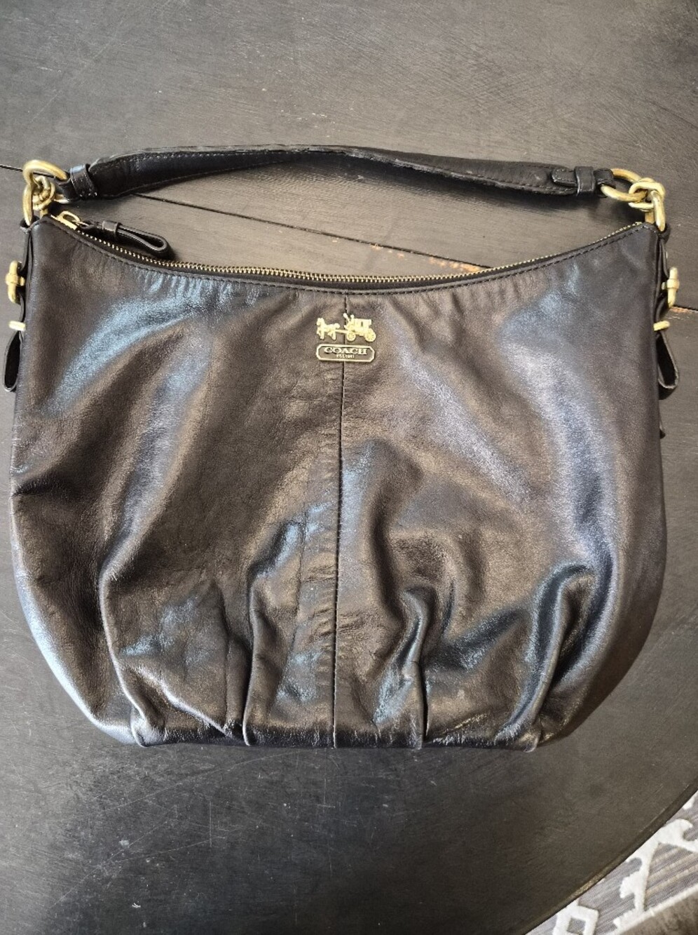 Coach Black Leather Hobo Shoulder Bag with Gold Hardware